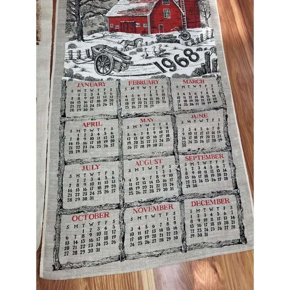 1966 1968 Linen Tea Towels Wall Hangings Lot Of‎ 2 Farm Country Barn Red Cottage